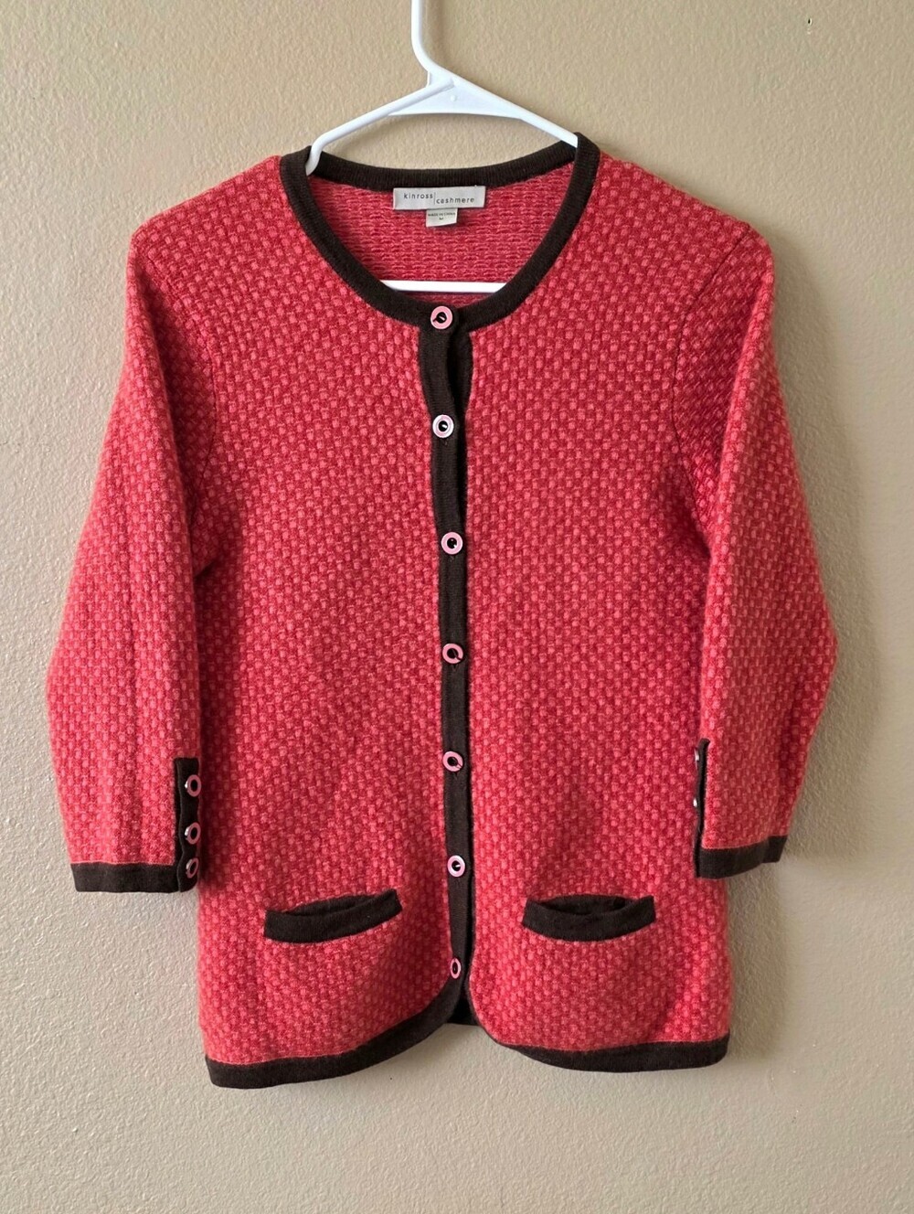 Kinross Cashmere Pink Brown Textured Button Front Cardigan Sweater - Size Medium